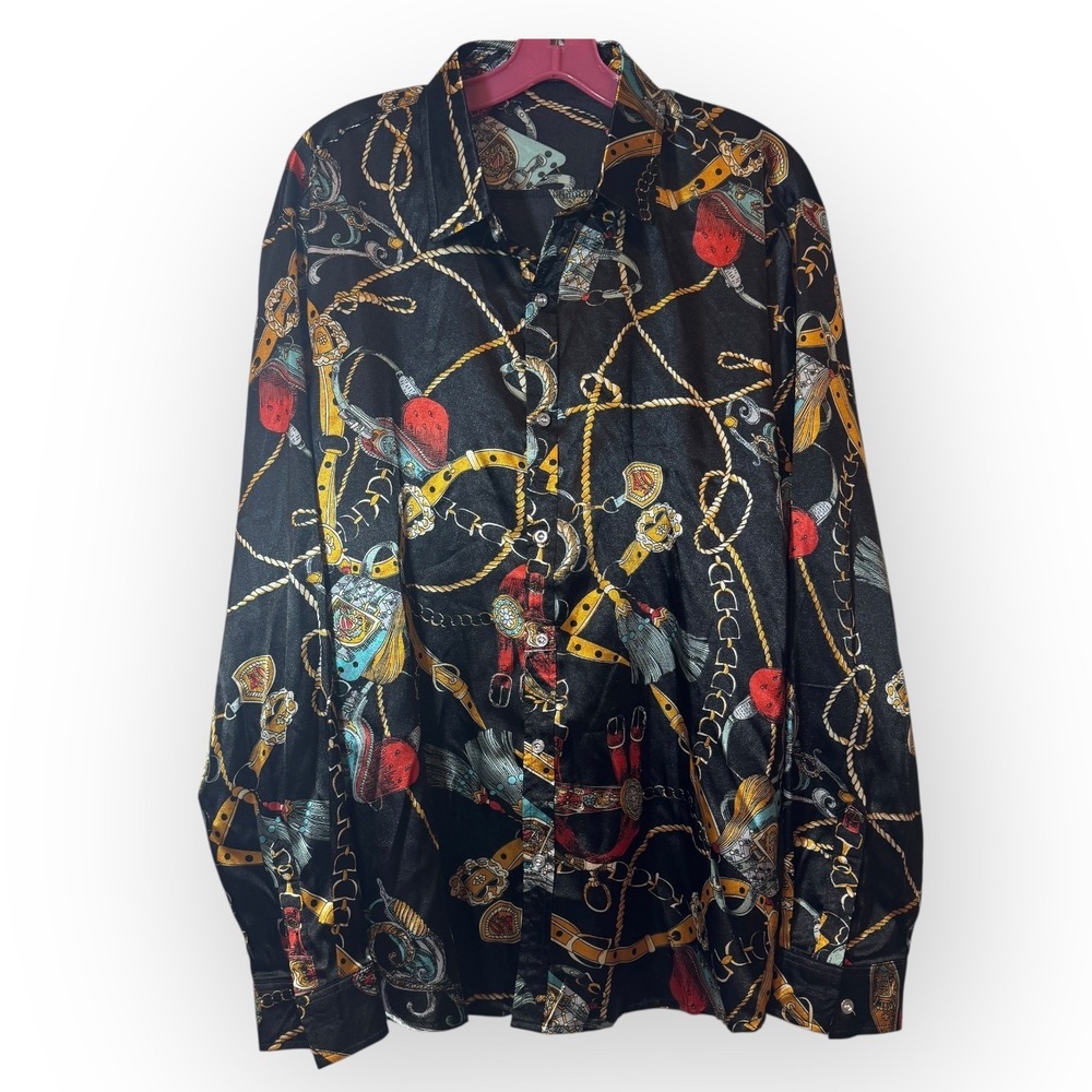 ZEROUAA Women's XL Button Down Chain Print Long Sleeve Shirt Black Gold‎
